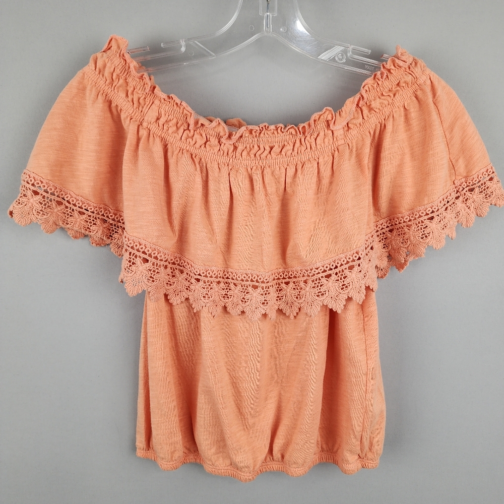 American Rag Peach Crop Top - Off-Shoulder Lace Trim Sz Small